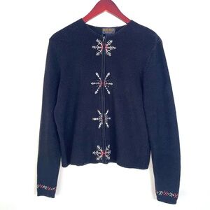 Woolrich vintage front-zip cardigan sweater black snowflake knitted medium